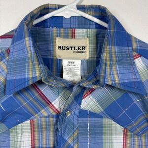 Rustler by Wrangler Mens Plaid Western Shirt Pearl‎ Snaps Short Sleeve Sz Medium